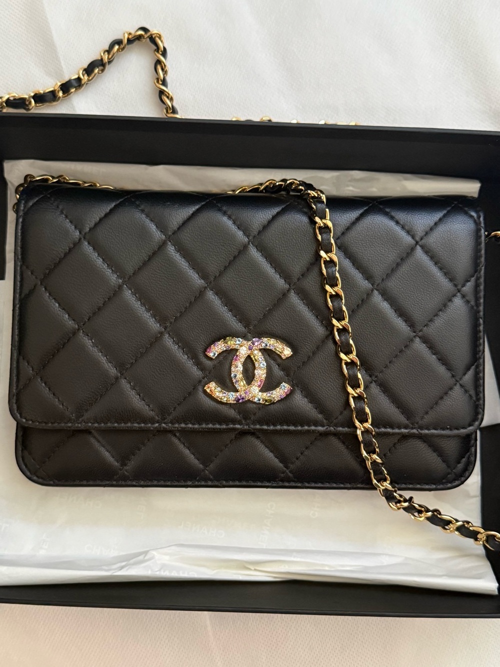 Chanel Black Quilted Lambskin Multicolor Crystal CC WOC Crossbody